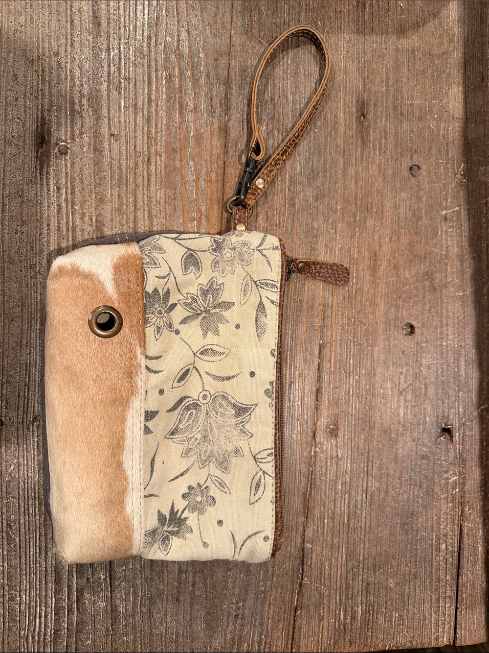 MYRA clutch wristlet tan & cream cowhide with Floral & gray canvas leather strap